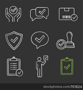 Approve chalk icons set. Quality service, approved chat, delivery, security, dialog, stamp, task planning, voter, clipboard with checkmark. Isolated vector chalkboard illustrations. Approve chalk icons set