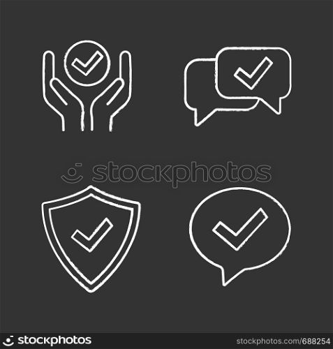 Approve chalk icons set. Verification and validation. Quality service, approved chat, confirmation dialog, shield with check mark. Isolated vector chalkboard illustrations. Approve chalk icons set