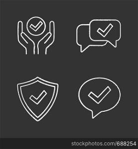 Approve chalk icons set. Verification and validation. Quality service, approved chat, confirmation dialog, shield with check mark. Isolated vector chalkboard illustrations. Approve chalk icons set