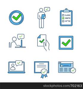 Approve color icons set. Check mark, manager, checklist, approved chat, contract signing, checkbox, certificate, browser verification, chatbot. Isolated vector illustrations. Approve color icons set