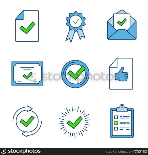 Approve color icons set. Document verification, award medal, email confirmation, certificate, check mark, review, checking process, quality badge, task planning. Isolated vector illustrations. Approve color icons set