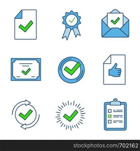 Approve color icons set. Document verification, award medal, email confirmation, certificate, check mark, review, checking process, quality badge, task planning. Isolated vector illustrations. Approve color icons set