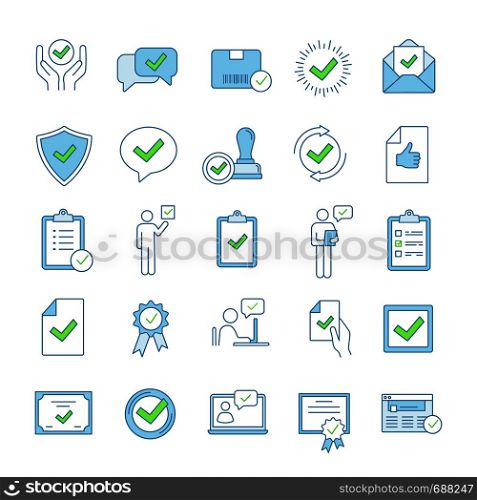 Approve color icons set. Quality assurance. Verification and validation. Confirmation. Certificates, awards, quality badges with checkmarks. Isolated vector illustrations. Approve color icons set