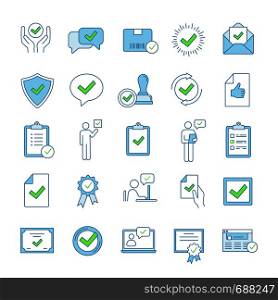 Approve color icons set. Quality assurance. Verification and validation. Confirmation. Certificates, awards, quality badges with checkmarks. Isolated vector illustrations. Approve color icons set
