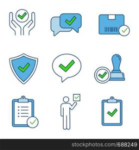 Approve color icons set. Quality service, approved chat, delivery, security, dialog, stamp, task planning, voter, clipboard with checkmark. Isolated vector illustrations. Approve color icons set