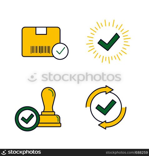 Approve color icons set. Verification and validation. Approved delivery, check mark, stamp of approval, checking process. Isolated vector illustrations. Approve color icons set