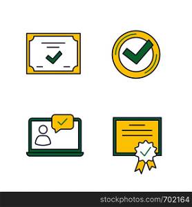 Approve color icons set. Verification and validation. Chat approved, certificate, check mark. Isolated vector illustrations. Approve color icons set