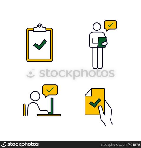 Approve color icons set. Verification and validation. Clipboard with check mark, person checking document, contract signing, approval chat. Isolated vector illustrations. Approve color icons set