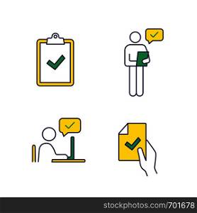 Approve color icons set. Verification and validation. Clipboard with check mark, person checking document, contract signing, approval chat. Isolated vector illustrations. Approve color icons set