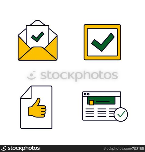Approve color icons set. Verification and validation. Email confirmation, checkbox, approval document, approved website. Isolated vector illustrations. Approve color icons set