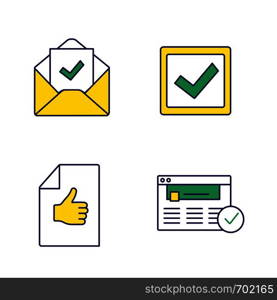 Approve color icons set. Verification and validation. Email confirmation, checkbox, approval document, approved website. Isolated vector illustrations. Approve color icons set