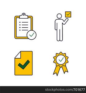 Approve color icons set. Verification and validation. Task planning, voter, document verification, award medal. Isolated vector illustrations. Approve color icons set