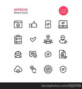 Approve line icon set. Editable Stoke. Tick, checklist, thumb up, pointing, quality control, certificate. Vector on isolated white background. Eps 10.. Approve line icon set. Editable Stoke. Tick, checklist, thumb up, pointing, quality control, certificate. Vector on isolated white background. Eps 10