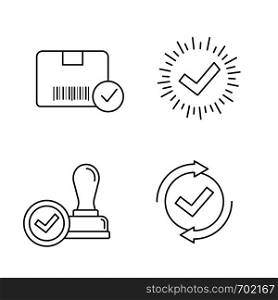 Approve linear icons set. Verification and validation. Approved delivery, check mark, stamp of approval, checking process. Thin line contour symbols. Isolated vector illustrations. Editable stroke. Approve linear icons set