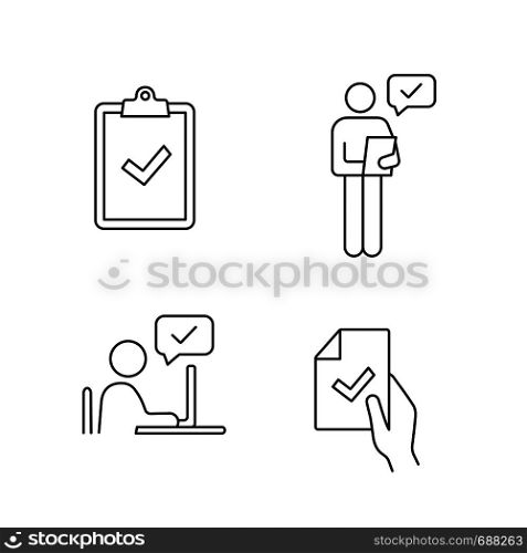 Approve linear icons set. Verification and validation. Clipboard with check mark, person checking document, contract signing, approval chat. Isolated vector outline illustrations. Editable stroke. Approve linear icons set