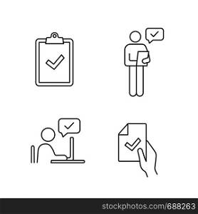 Approve linear icons set. Verification and validation. Clipboard with check mark, person checking document, contract signing, approval chat. Isolated vector outline illustrations. Editable stroke. Approve linear icons set
