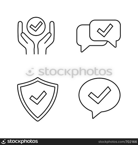 Approve linear icons set. Verification and validation. Quality service, approved chat, confirmation dialog, shield with check mark. Isolated vector outline illustrations. Editable stroke. Approve linear icons set