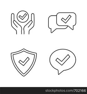 Approve linear icons set. Verification and validation. Quality service, approved chat, confirmation dialog, shield with check mark. Isolated vector outline illustrations. Editable stroke. Approve linear icons set