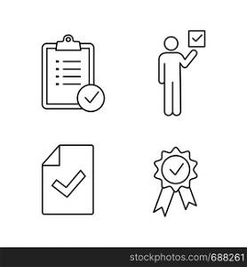 Approve linear icons set. Verification and validation. Task planning, voter, document verification, award medal. Thin line contour symbols. Isolated vector outline illustrations. Editable stroke. Approve linear icons set
