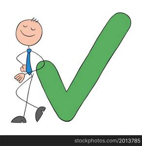 Approve, stickman businessman leaning on check mark and happy. Hand drawn outline cartoon vector illustration.