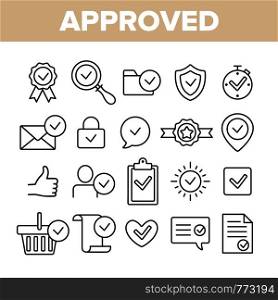 Approved And Certified Vector Linear Icons Set. Approved, Quality Control Guarantee Outline Symbols Pack. Correct Choice Selection. Checkmark, Confirm, Tick Isolated Contour Illustrations. Approved And Certified Vector Linear Icons Set