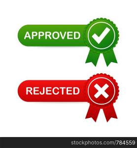 Approved and rejected label sticker icon on white background. Vector stock illustration.