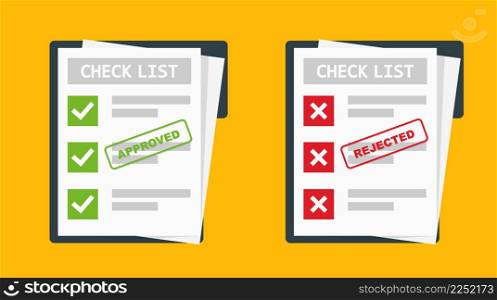 Approved and rejected paper document. Right and wrong report. Document with stamp green check mark and red cross. Vector illustration.. Approved and rejected paper document. Right and wrong report.