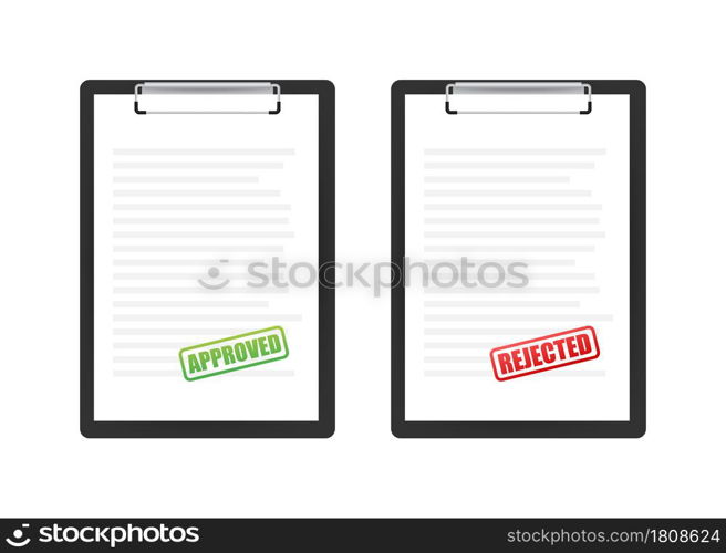 Approved and rejected rubber stamp on document, green and red color. Vector illustration. Approved and rejected rubber stamp on document, green and red color. Vector illustration.