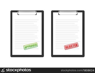 Approved and rejected rubber stamp on document, green and red color. Vector illustration. Approved and rejected rubber stamp on document, green and red color. Vector illustration.