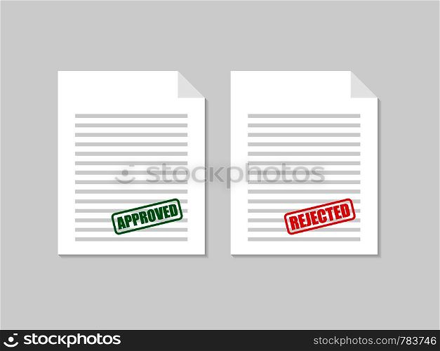 approved and rejected rubber stamp on document, green and red color. Vector stock illustration.
