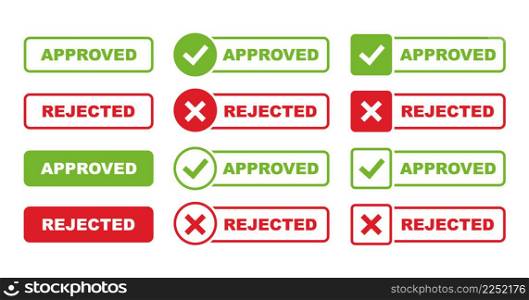 Approved and rejected vector signs. Right and wrong buttons set. Green check mark yes and red cross no icon. Vector illustration.. Approved and rejected vector signs. Right and wrong buttons set.