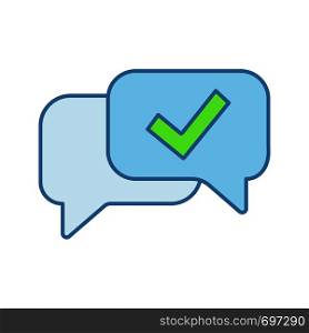 Approved chat color icon. Delivered message. SMS verification. Confirmation dialog. Message approval. Successful dialogue. Speech bubble with check mark. Isolated vector illustration. Approved chat color icon