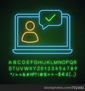 Approved chat neon light icon. Chatbot. Online verification. Glowing sign with alphabet, numbers and symbols. Support chat. Online communication. User page. Vector isolated illustration. Approved chat neon light icon