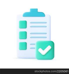 Approved checklist clipboard icon. Checklist on 3d paper. Document in test form with check marks and stripes abstract questions. Questionnaire with notes. check marks. vector illustration.. Clipboard and check marks