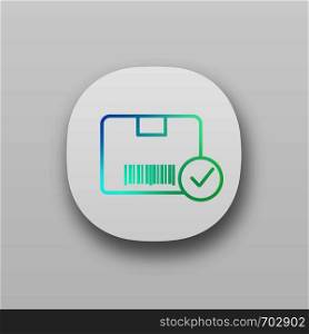 Approved delivery app icon. Successful package receipt. Verification parcel barcode. UI/UX interface. Quality delivery service. Cardboard box with barcode and check mark. Vector isolated illustration. Approved delivery app icon