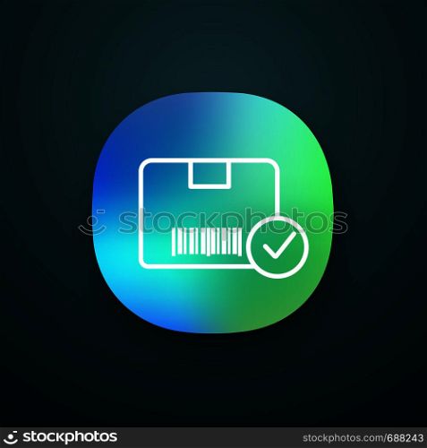 Approved delivery app icon. Successful package receipt. Verification parcel barcode. UI/UX user interface. Quality delivery service. Box with barcode and check mark. Vector isolated illustration. Approved delivery app icon