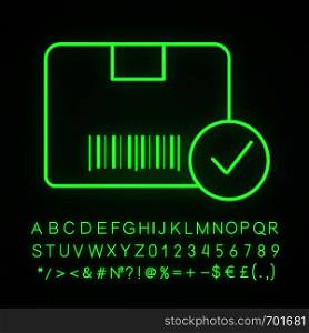 Approved delivery neon light icon. Successful package receipt. Verification parcel barcode. Glowing sign with alphabet, numbers and symbols. Quality delivery service. Vector isolated illustration. Approved delivery neon light icon