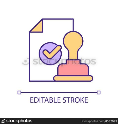 Approved document with certified stamp RGB color icon. Proof of identity. Obtaining license. Legal contract. Isolated vector illustration. Simple filled line drawing. Editable stroke. Arial font used. Approved document with certified stamp RGB color icon
