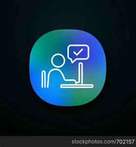 Approved employee's idea app icon. Approval chat. Successful remote work. Online verification. UI/UX user interface. Online communication. Person chatting. Vector isolated illustration. Approved employee's idea app icon