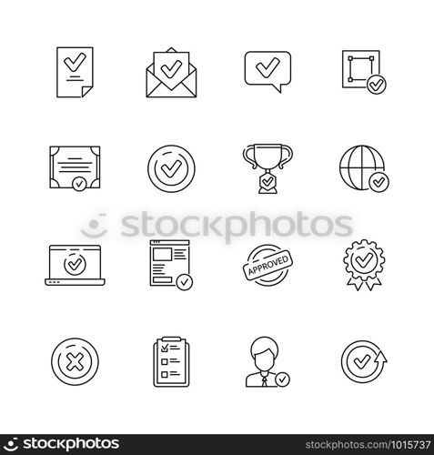 Approved icons set. Checked compliance inspection tools simple lines vector symbols. Illustration of outline approved check icon thin for document. Approved icons set. Checked compliance inspection tools simple lines vector symbols