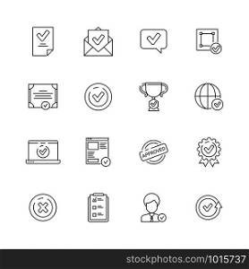 Approved icons set. Checked compliance inspection tools simple lines vector symbols. Illustration of outline approved check icon thin for document. Approved icons set. Checked compliance inspection tools simple lines vector symbols