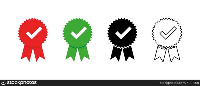Approved isolated vector icons. Certified medal icons. Approval check icon. Premium quality red ribbon label logo icon. EPS 10