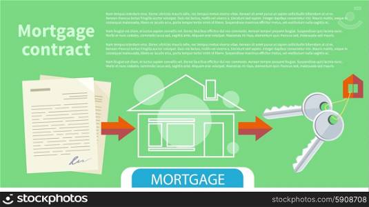 Approved mortgage loan application with house key and home. Concept in flat design cartoon style on stylish background. Approved mortgage loan application