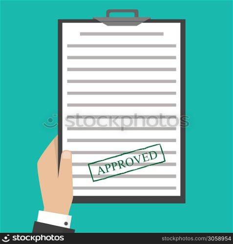 Approved paper document, green approved stamp. Vector flat illustration. Vector flat illustration. Approved paper document, green approved stamp.
