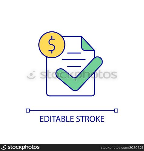 Approved payment RGB color icon. Electronic invoice. Accepted digital purchase. Buying online. Isolated vector illustration. Simple filled line drawing. Editable stroke. Arial font used. Approved payment RGB color icon