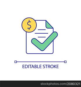 Approved payment RGB color icon. Electronic invoice. Accepted digital purchase. Buying online. Isolated vector illustration. Simple filled line drawing. Editable stroke. Arial font used. Approved payment RGB color icon