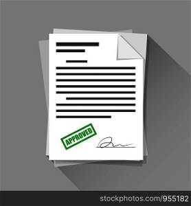 Approved stamp sign with signature on document paper, flat icon design, vector illustration