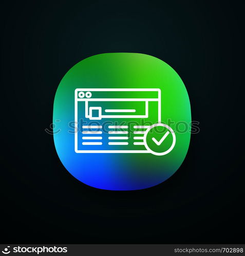 Approved website app icon. Web page. Successful login. UI/UX user interface. Web or mobile application. Authorization. Web site with check mark. Web browser verification. Vector isolated illustration. Approved website app icon