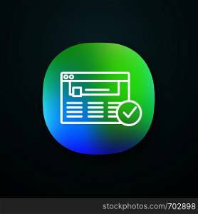 Approved website app icon. Web page. Successful login. UI/UX user interface. Web or mobile application. Authorization. Web site with check mark. Web browser verification. Vector isolated illustration. Approved website app icon
