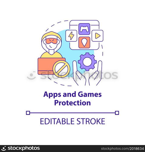 Apps and games protection concept icon. Content to protect from piracy abstract idea thin line illustration. Video games industry security. Vector isolated outline color drawing. Editable stroke. Apps and games protection concept icon
